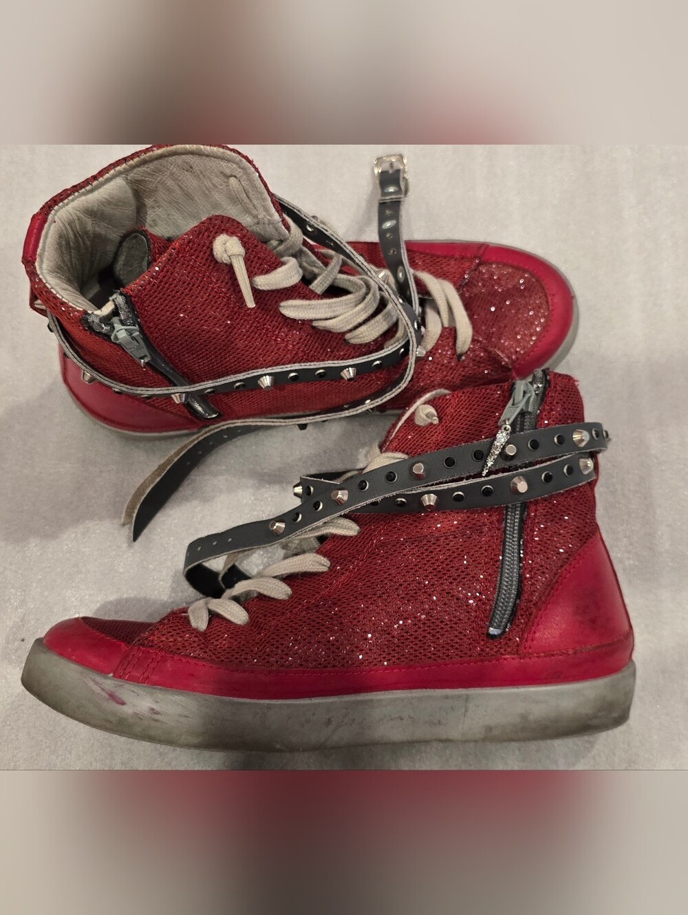 Vera Pelle Red Glitter High-Top Sneakers with Studded Straps - Made In Italy